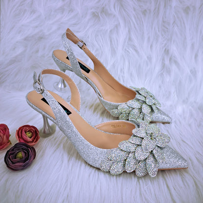 Elegant And Sexy Peach Color High Heels Shoes And Bag With Rhinestone Embellished Toe Is Comfortable Women's Shoes For Party