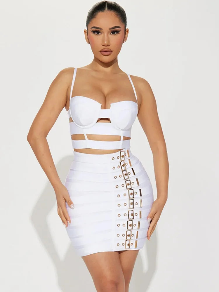 Women Celebrity Sexy Cut Out Mental Black White Mini Bodycon Bandage Skirt Set 2023 Elegant Evening Birthday Club Party Outfits