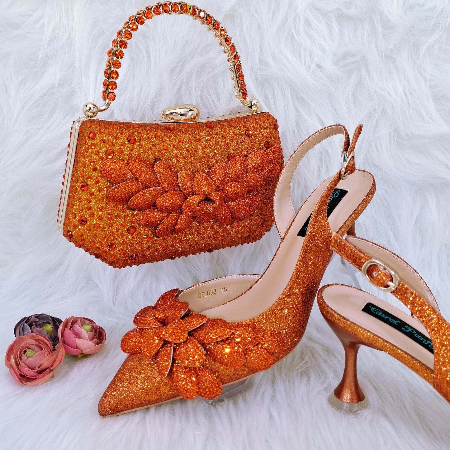 Elegant And Sexy Peach Color High Heels Shoes And Bag With Rhinestone Embellished Toe Is Comfortable Women's Shoes For Party