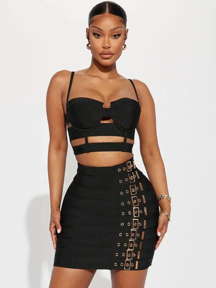 Women Celebrity Sexy Cut Out Mental Black White Mini Bodycon Bandage Skirt Set 2023 Elegant Evening Birthday Club Party Outfits