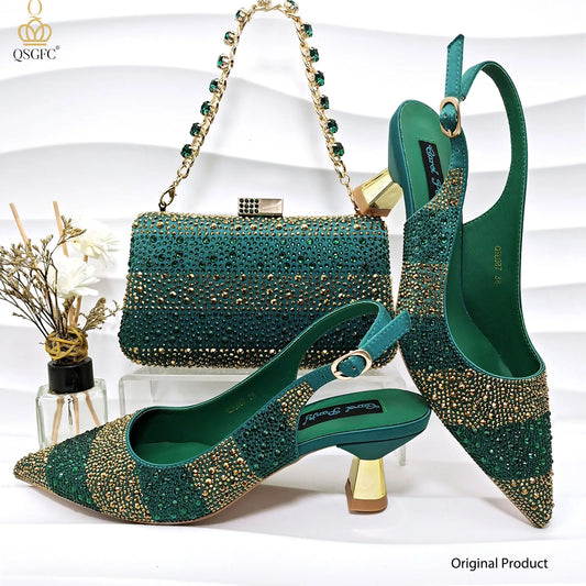 QSGFC Nigerianisches Damen-Absatz-Party-Set mit grünen Schuhen und Tasche im italienischen Design, verziert mit Strass-Handtasche für Hochzeitsfeiern