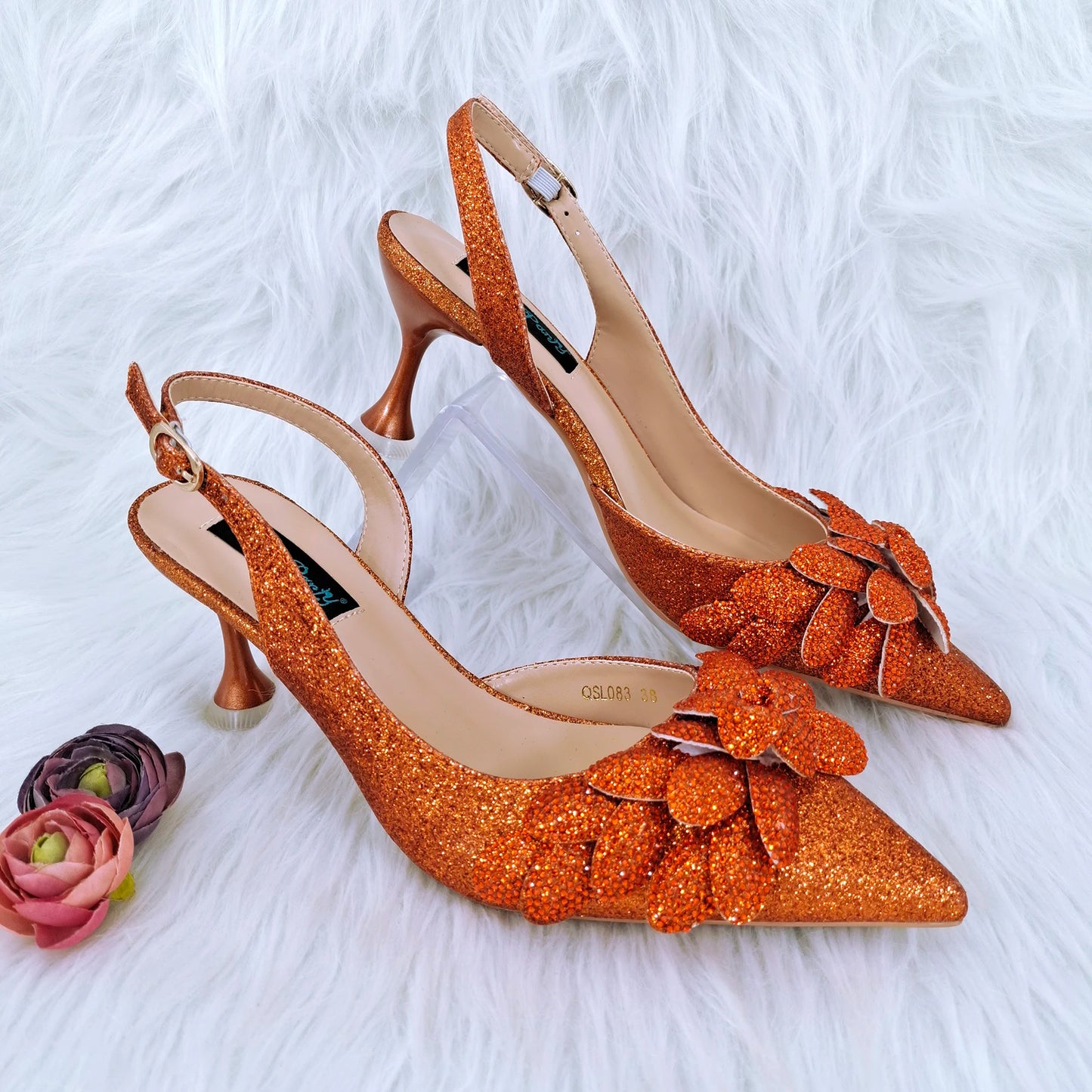 Elegant And Sexy Peach Color High Heels Shoes And Bag With Rhinestone Embellished Toe Is Comfortable Women's Shoes For Party