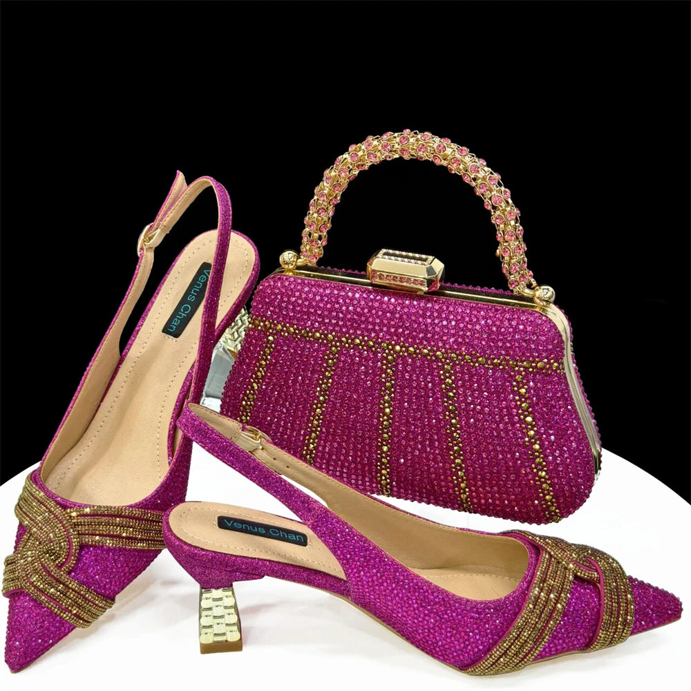 Venus Chan 2024 Special Design High Quality, Women Shoes and Bag Set with Shinning Crystal for Wedding Party