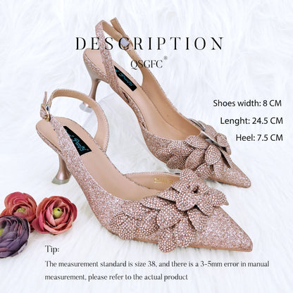 Elegant And Sexy Peach Color High Heels Shoes And Bag With Rhinestone Embellished Toe Is Comfortable Women's Shoes For Party