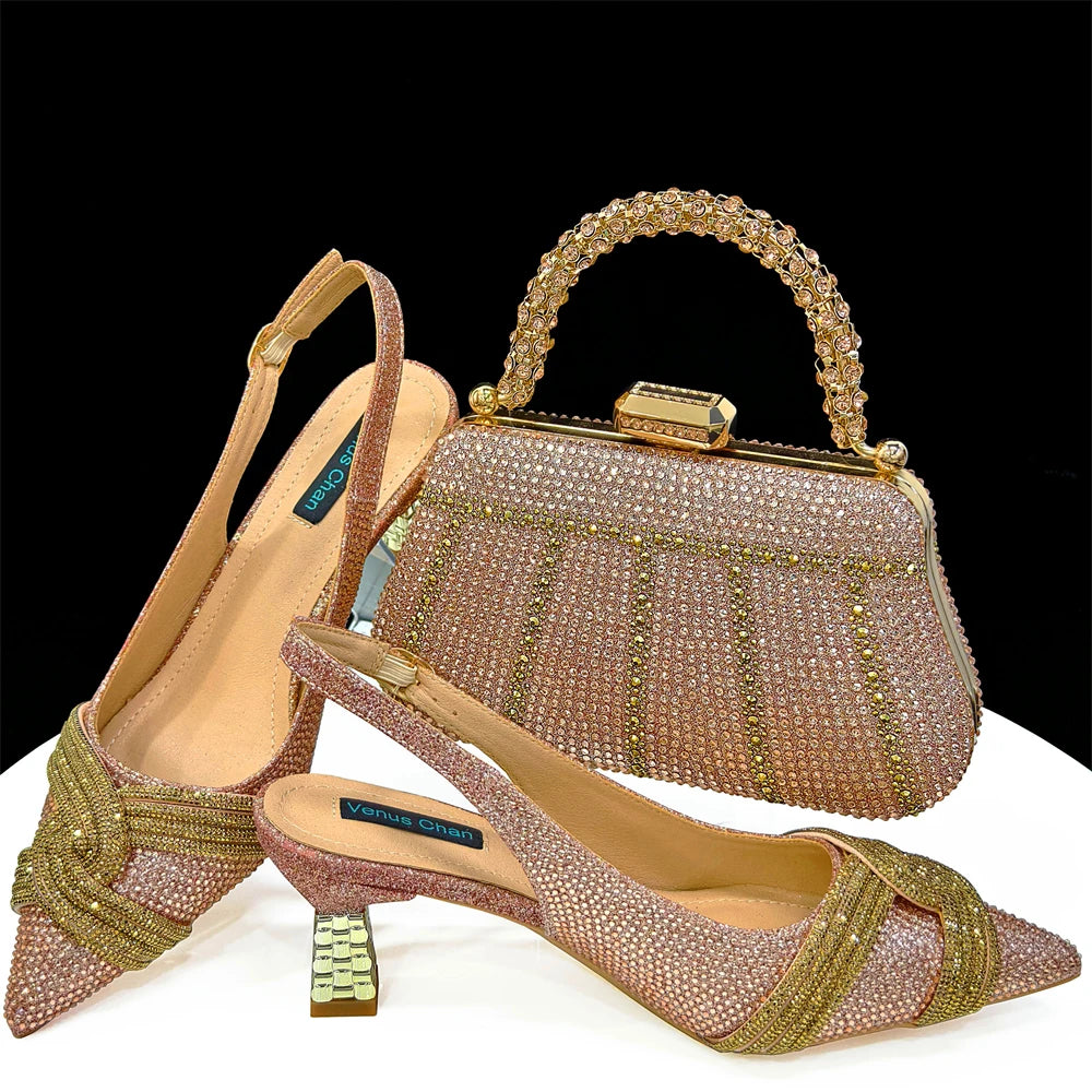 Venus Chan 2024 Special Design High Quality, Women Shoes and Bag Set with Shinning Crystal for Wedding Party