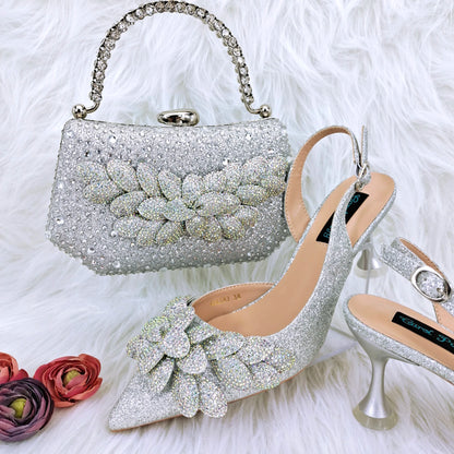 Elegant And Sexy Peach Color High Heels Shoes And Bag With Rhinestone Embellished Toe Is Comfortable Women's Shoes For Party