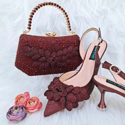 Elegant And Sexy Peach Color High Heels Shoes And Bag With Rhinestone Embellished Toe Is Comfortable Women's Shoes For Party