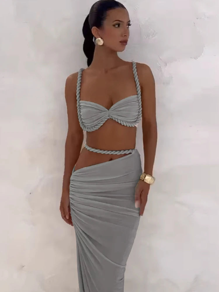 Weird Puss Bandage Ruched 2 Piece Set Women Square Collar Bra+Skinny Long Skirts 2025 Summer Vacation Beach Party Trend Suits