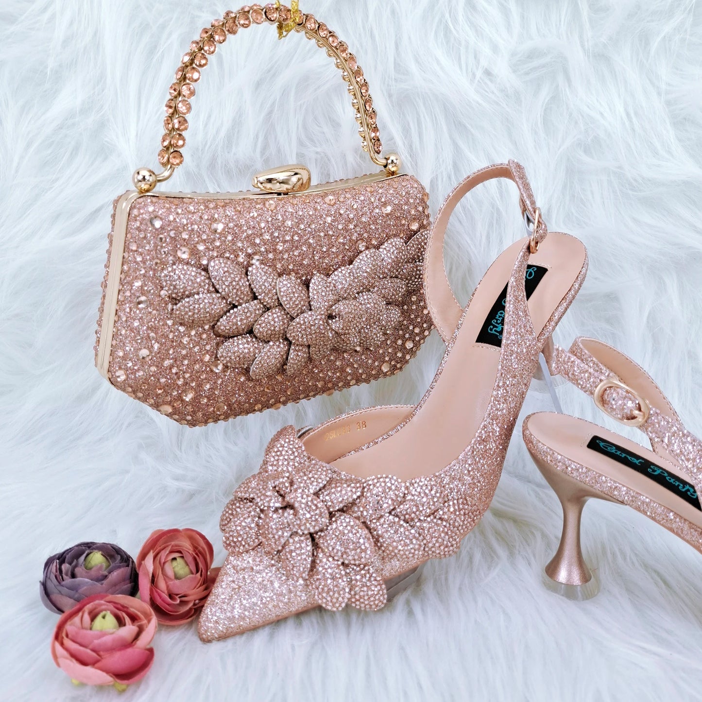 Elegant And Sexy Peach Color High Heels Shoes And Bag With Rhinestone Embellished Toe Is Comfortable Women's Shoes For Party