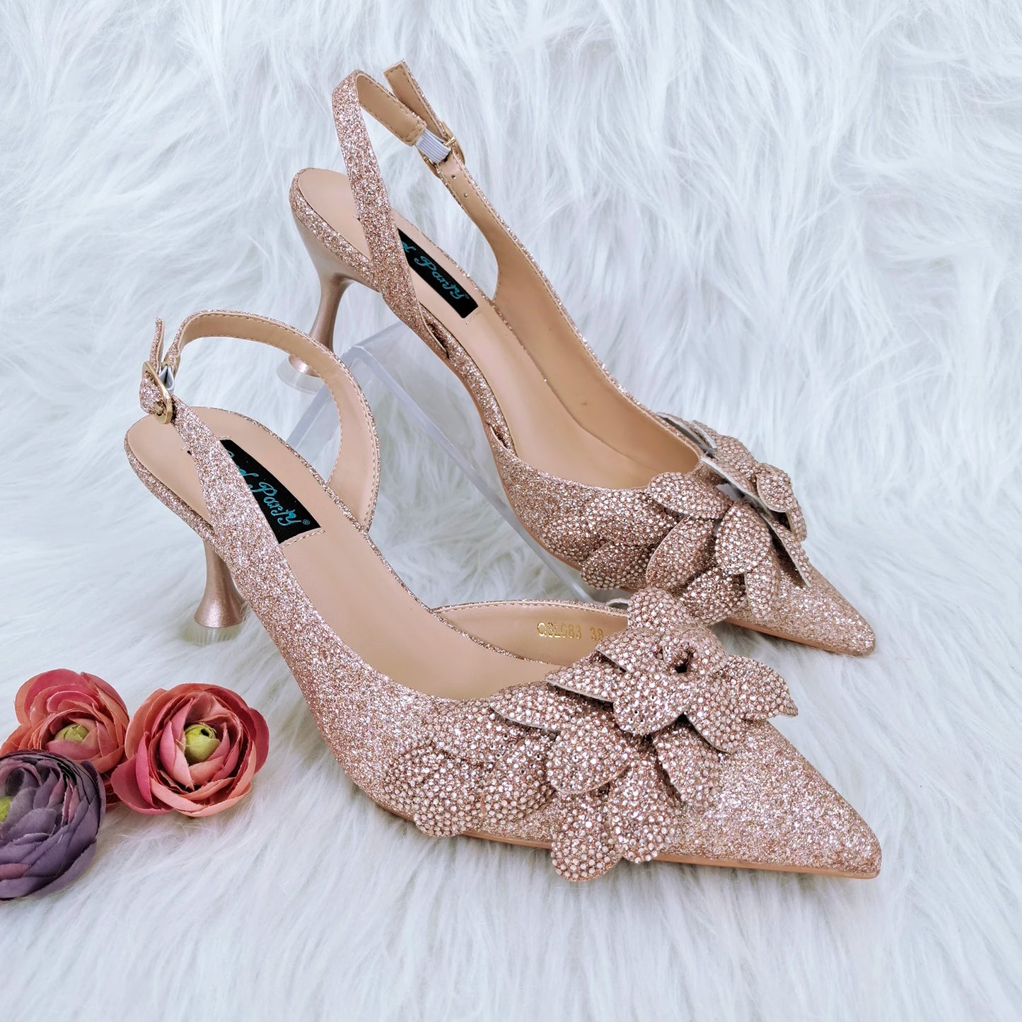 Elegant And Sexy Peach Color High Heels Shoes And Bag With Rhinestone Embellished Toe Is Comfortable Women's Shoes For Party