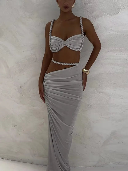 Weird Puss Bandage Ruched 2 Piece Set Women Square Collar Bra+Skinny Long Skirts 2025 Summer Vacation Beach Party Trend Suits