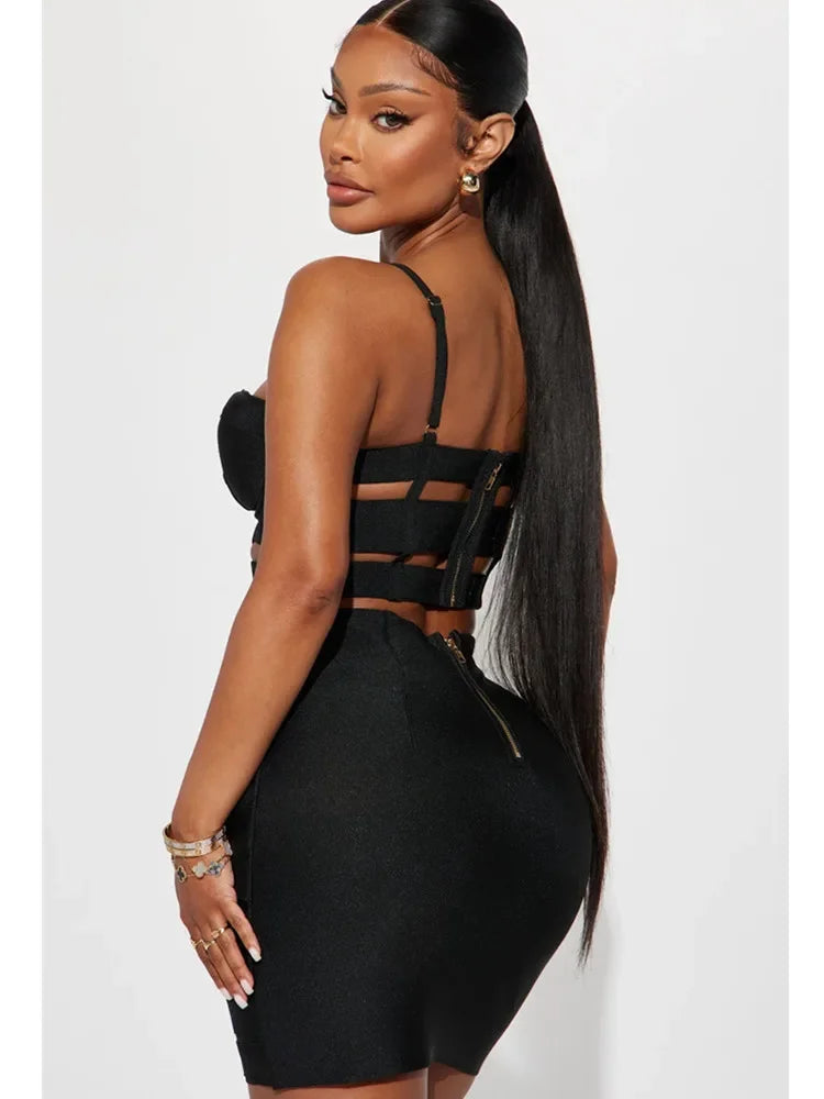 Women Celebrity Sexy Cut Out Mental Black White Mini Bodycon Bandage Skirt Set 2023 Elegant Evening Birthday Club Party Outfits