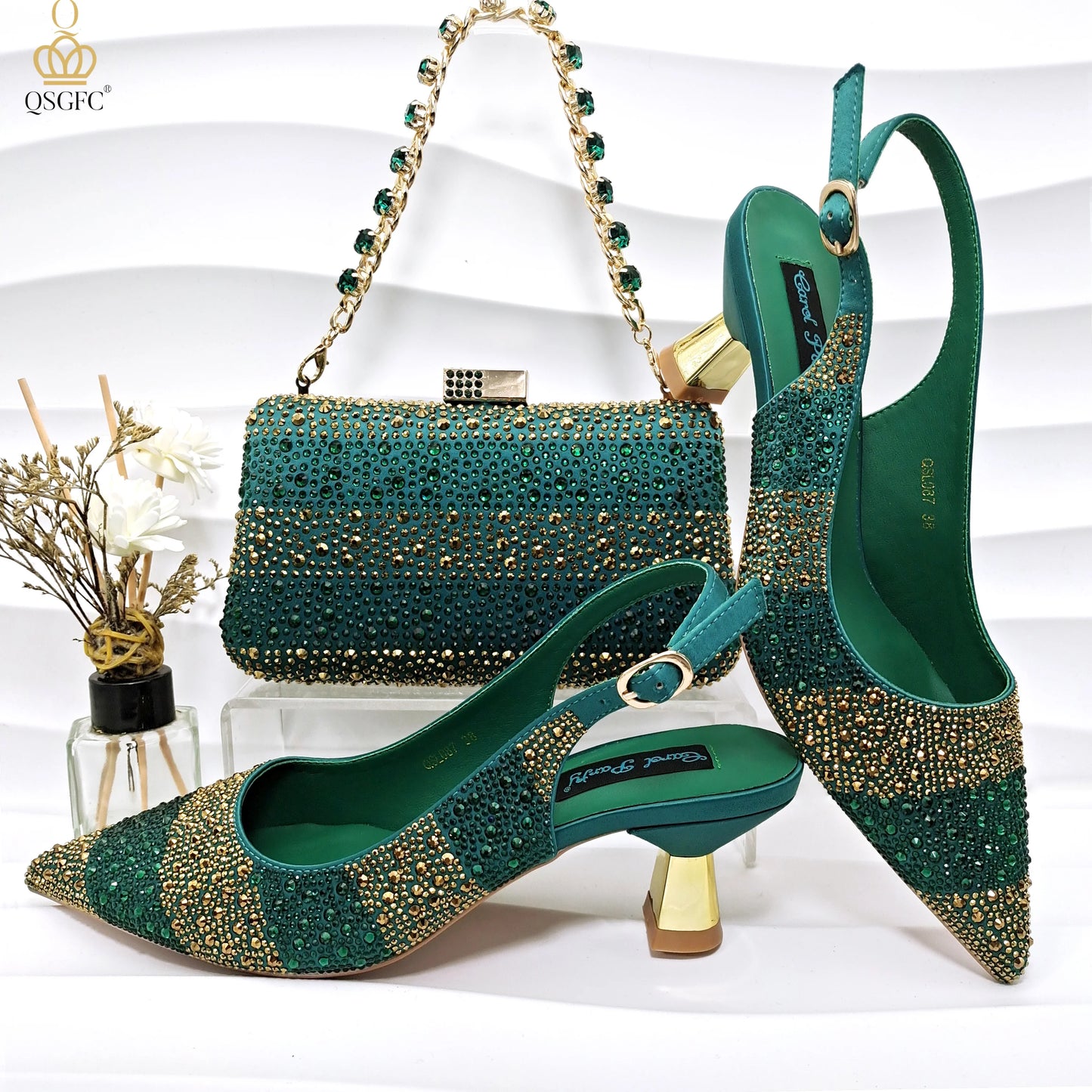 QSGFC Nigerian Women Heel Party Ladies Italian Design Green Shoes And Bag Set Decorated with Rhinestone Handbag Wedding Party