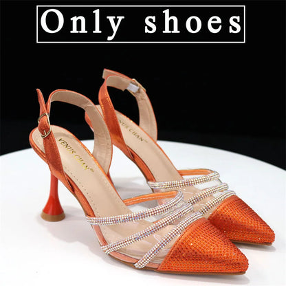 Venus Chan 2023 Newest INS Style Orange Color Elegant High Heels Nigeria Popular Design African Ladies Shoes And Bag Set