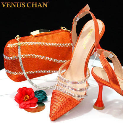 Venus Chan 2023 Neueste INS Stil Orange Farbe Elegante High Heels Nigeria Beliebte Design Afrikanische Damen Schuhe Und Tasche Set