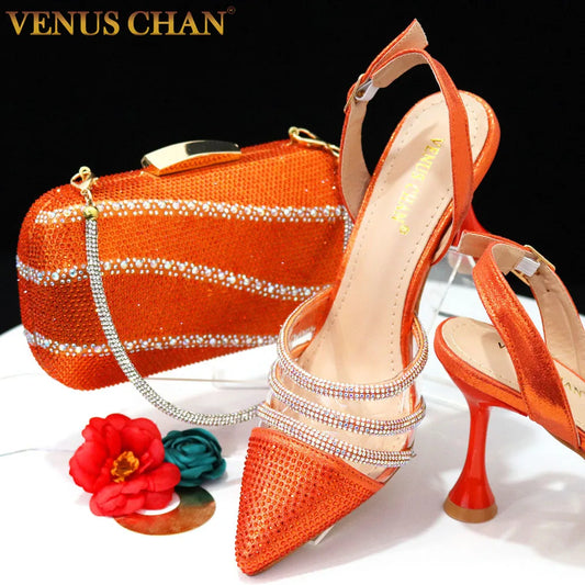 Venus Chan 2023 Newest INS Style Orange Color Elegant High Heels Nigeria Popular Design African Ladies Shoes And Bag Set